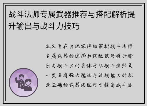 战斗法师专属武器推荐与搭配解析提升输出与战斗力技巧