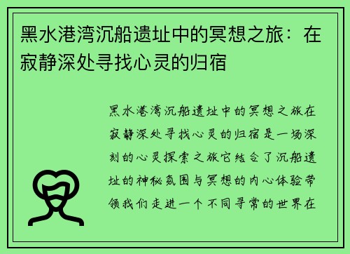 黑水港湾沉船遗址中的冥想之旅：在寂静深处寻找心灵的归宿